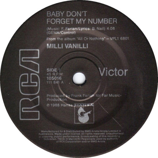 Milli Vanilli – Baby Don't Forget My Number (LP, Vinyl Record Album)